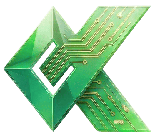 Kabim Tech mark, emerald K with gold circuit traces